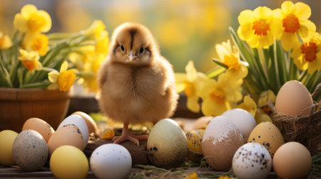 Easter eggs, yellow daffodils and cute little chickenの素材
