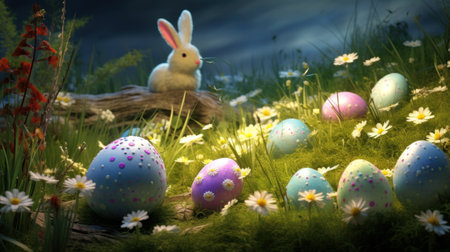 Easter eggs and rabbit in the meadow with daisiesの素材
