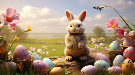 Easter bunny with colorful eggs on green meadow, nature backgroundの素材