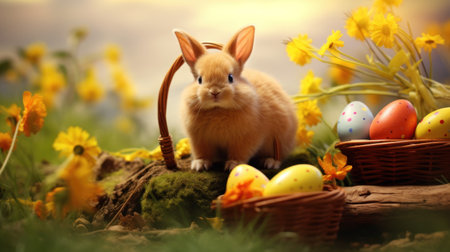 Easter bunny with easter eggs in basket and daffodilsの素材