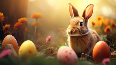 Rabbit and easter eggs on nature background. Easter holiday concept.の素材