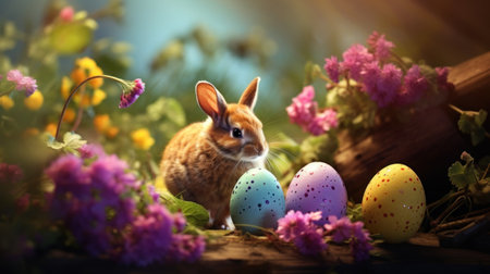 Easter bunny with colorful eggs and spring flowers on dark background.の素材