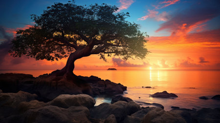 Lonely tree on the beach at sunset. 3D renderingの素材
