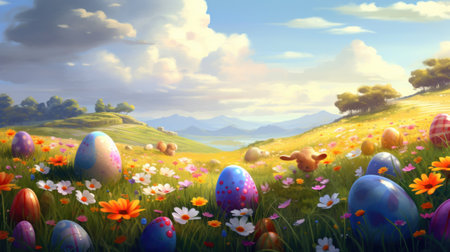 Colorful Easter eggs on the meadow with flowers. 3d renderの素材