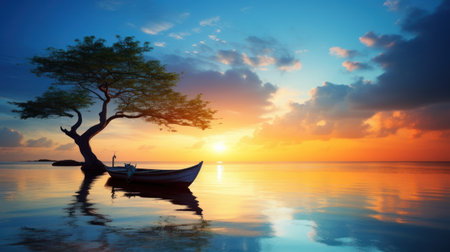Beautiful sunset over the sea with a boat and a tree.の素材