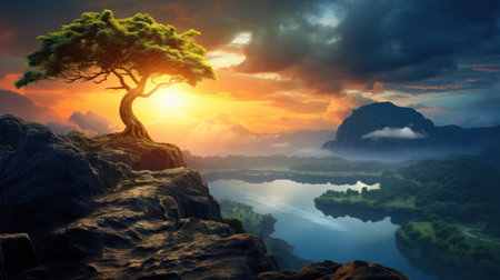 Fantasy landscape with tree and lake. 3d render illustration.の素材