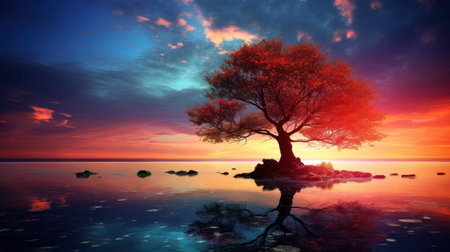 Beautiful sunset over the lake with lonely tree. 3d renderの素材