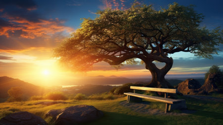 Bench in the park against the backdrop of a beautiful sunset. 3d renderの素材