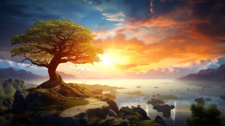Fantasy landscape with a lonely tree on the rock and the seaの素材
