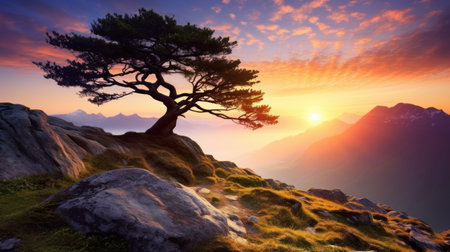 Pine tree on the top of the mountain at sunset, 3d renderの素材