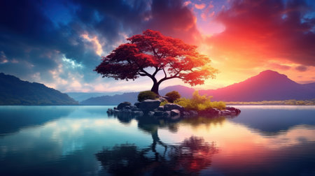 Beautiful landscape with a tree on the island in the sea.の素材
