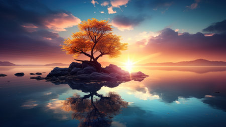 Beautiful landscape with a tree on the rock. 3D renderingの素材