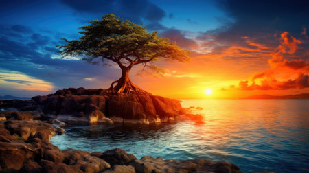 Beautiful seascape with a tree at sunset. Nature composition.の素材
