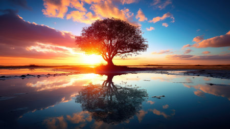 Beautiful sunset over the lake and lonely tree with reflection in waterの素材