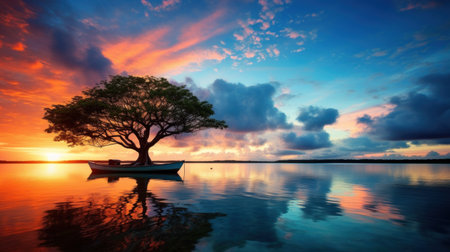 Beautiful sunset on the lake with a lonely tree in the foregroundの素材