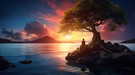 Man sitting on a tree in the sea at sunset. 3d renderingの素材
