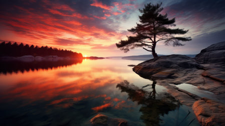 Lonely tree on the lake at sunset. Nature composition.の素材