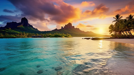Panoramic view of beautiful beach at sunset, Mauritius islandの素材