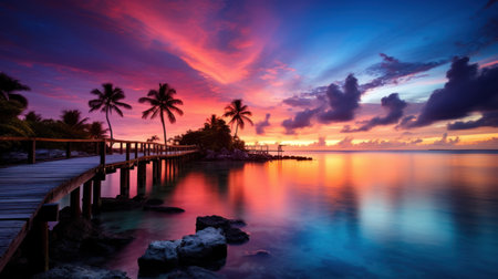 Beautiful sunset on the tropical beach with palm trees and jettyの素材