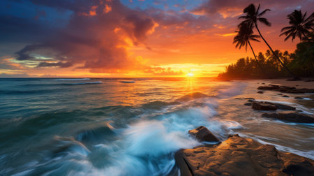 Tropical beach at beautiful sunset, Sri Lanka. Nature backgroundの素材