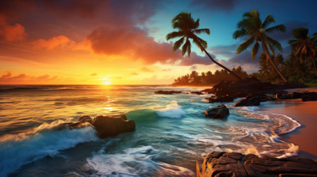 Tropical beach at beautiful sunset. Nature background. Panoramaの素材
