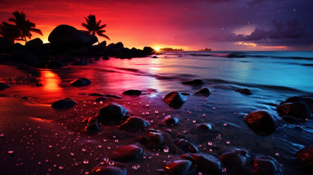 Beautiful sunset on the beach. Colorful sky and sea.の素材