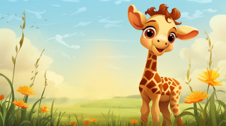 Vector illustration of Cartoon giraffe standing in the meadow with flowersの素材