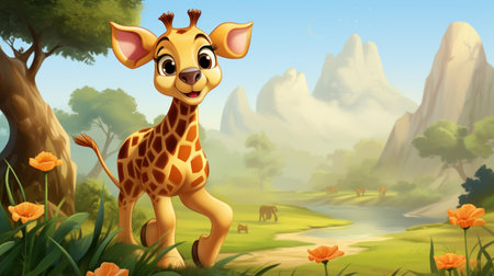 cartoon scene with giraffe in the jungle - illustration for childrenの素材