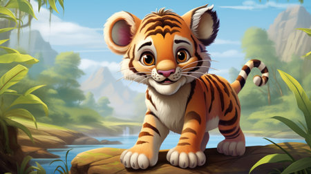 cartoon scene with tiger on the river bank - illustration for childrenの素材
