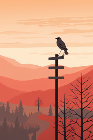 Silhouette of a crow on a post in the mountains. Vector illustrationの素材