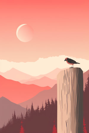 Mountain landscape with a bird sitting on a stump. Vector illustrationの素材