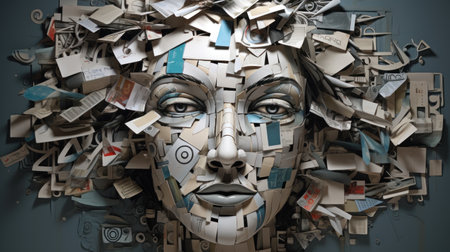 3d rendering of a robot head with a pile of paper documentsの素材