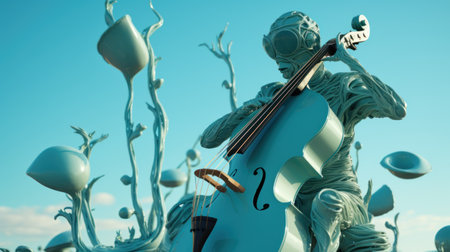 Cello on blue sky background. Blue color toned image.の素材