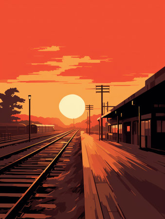 Railway station at sunset, vector illustration. Railway station at sunsetの素材