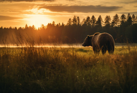 Grizzly bear on the field at sunset in Finland.の素材