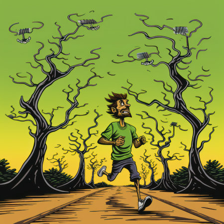 illustration of a man running on the road to the dead treeの素材