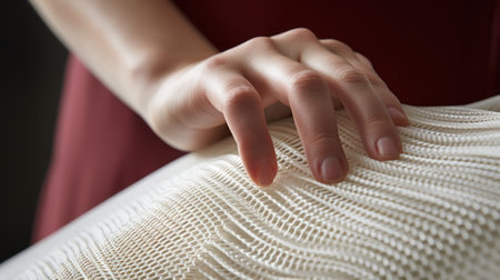 Close-up of a woman's hand holding a white pillow.の素材