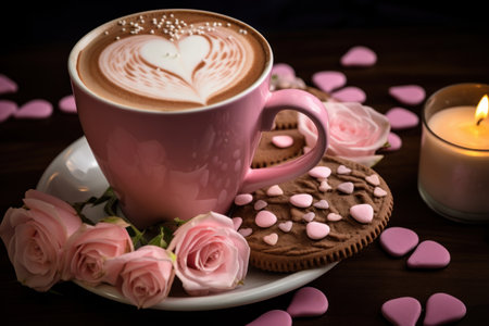 Cup of coffee with heart shaped cookies and pink roses on wooden backgroundの素材