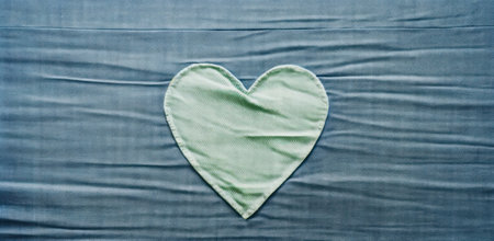 Green heart on a blue fabric background. Valentine's day concept.の素材