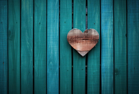 Wooden heart on a green wooden wall. Valentines day background.の素材