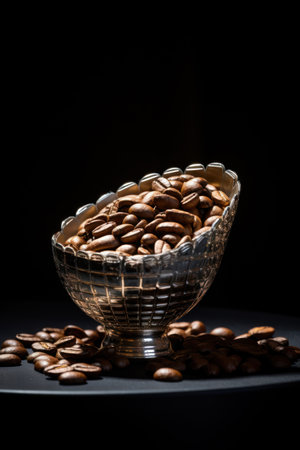 Coffee beans in a glass bowl on a black background.の素材