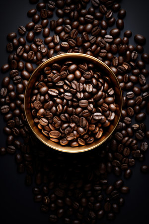 Coffee beans in a gold bowl on a black background.の素材
