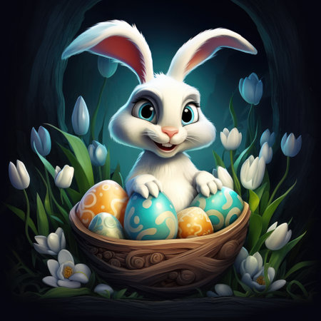 Easter bunny with Easter eggs in a basket on a dark backgroundの素材