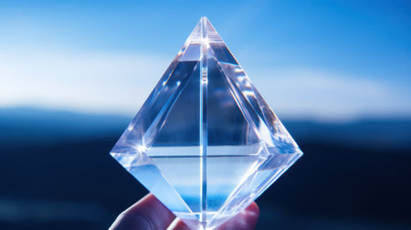 Blue crystal in hand on blurred background. Abstract blue crystal background.の素材