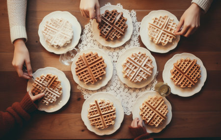 Hands of women with waffles on wooden table. Top viewの素材