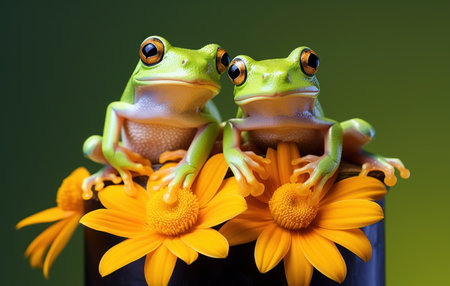 Two green frogs sitting on a yellow daisy bouquet over dark green backgroundの素材