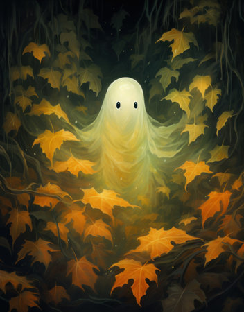 ghost in the autumn forest with leaves. Illustration for Halloween.の素材