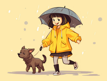 Cute little girl walking with her dog in the rain. Vector illustration.の素材