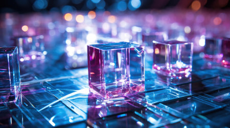 abstract background of glowing ice cubes in blue and pink colors.の素材