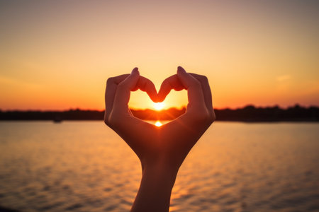 Silhouette of woman hands making heart shape with sunset background.の素材